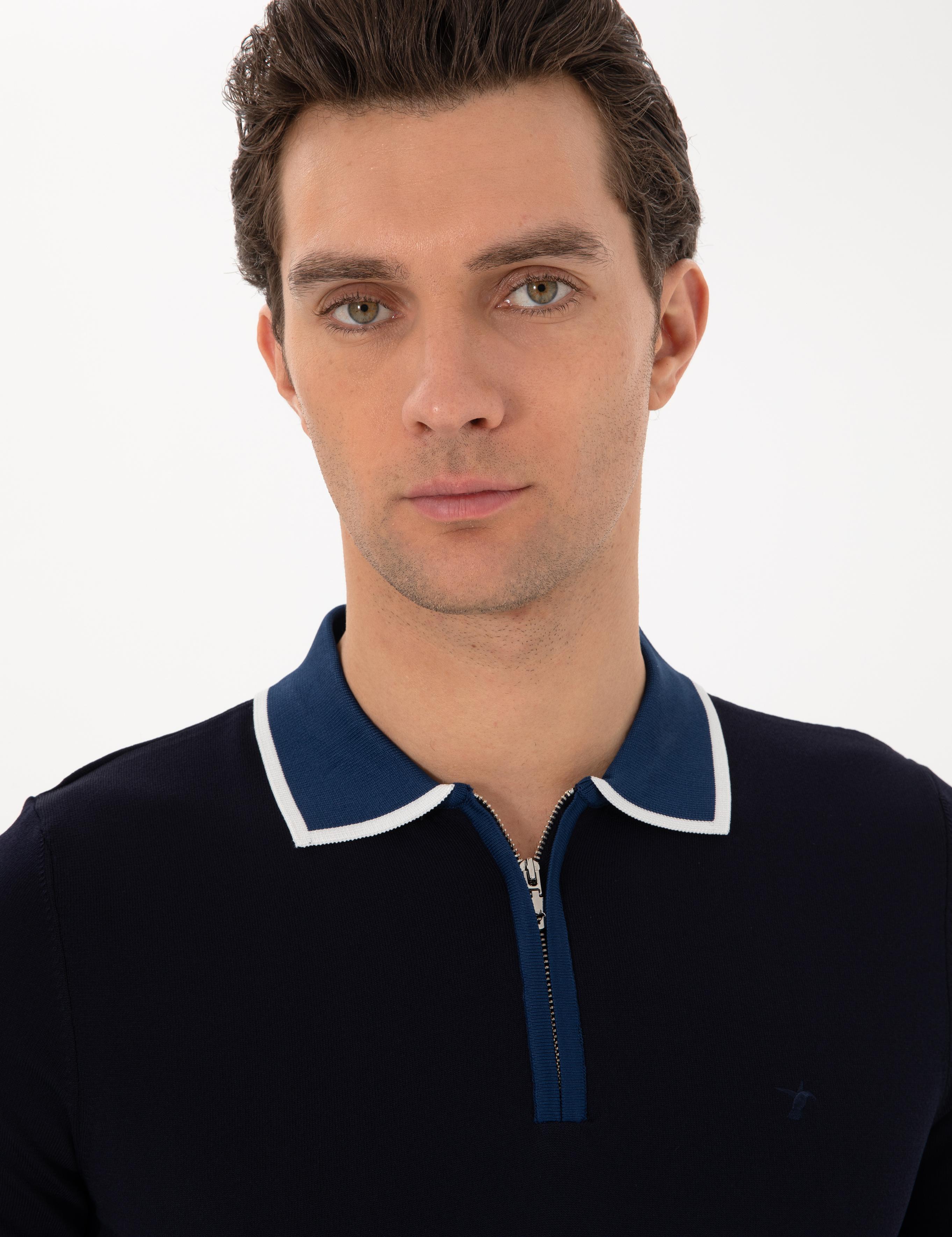 Lacivert Slim Fit Fermuarlı Polo Yaka Triko T-shirt - 50306425013