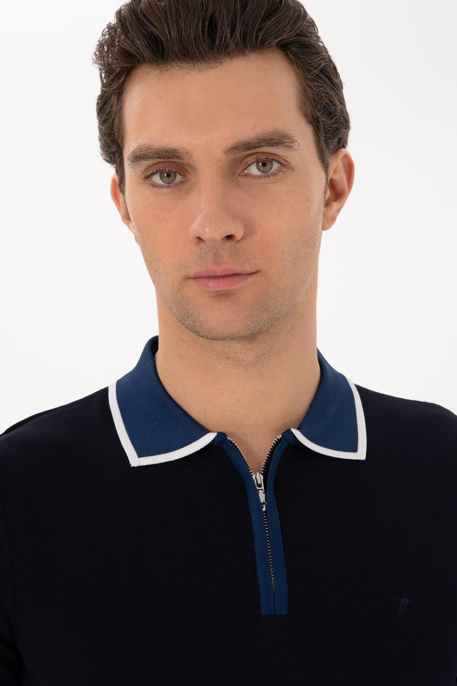 Lacivert Slim Fit Fermuarlı Polo Yaka Triko T-shirt - 50306425013