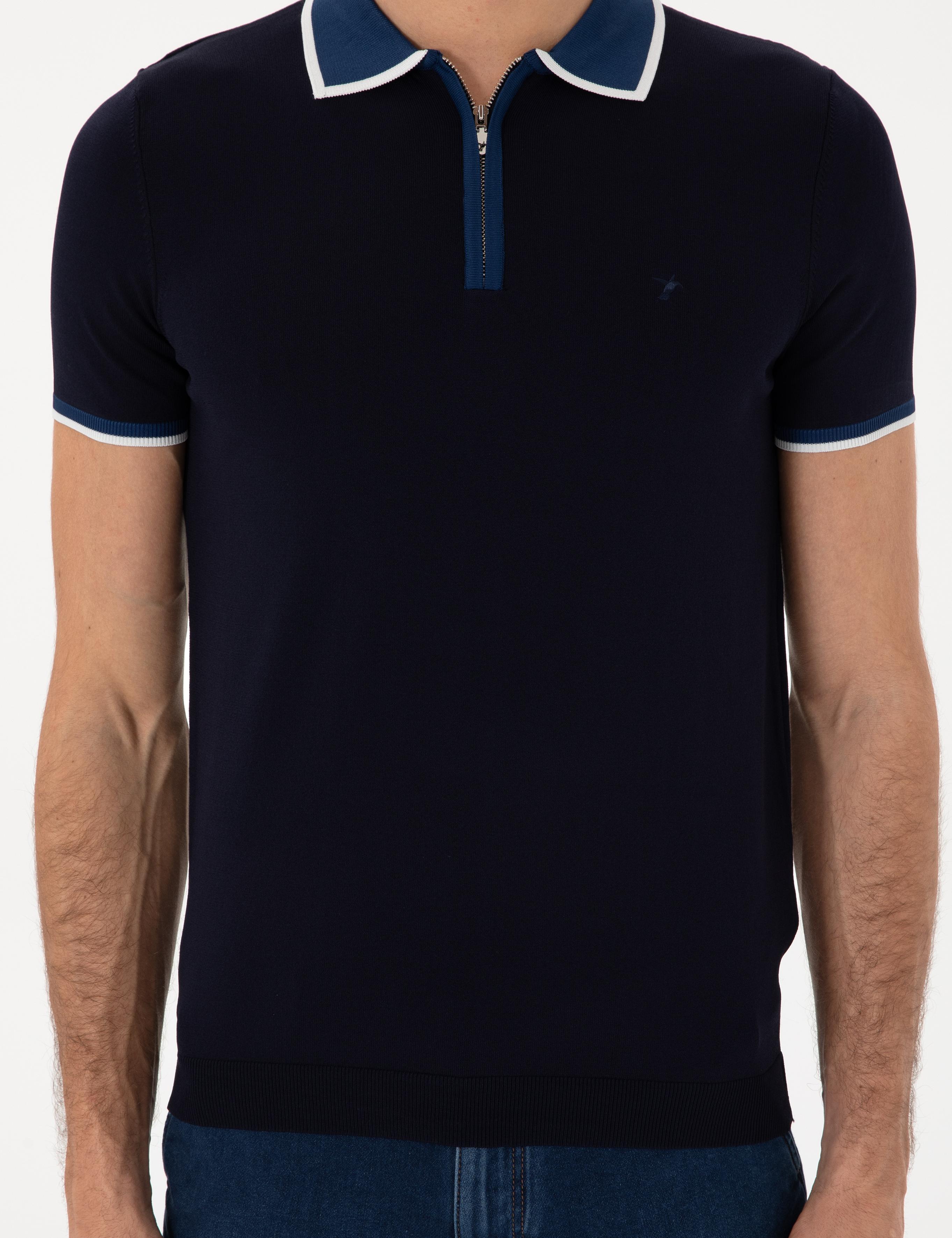 Lacivert Slim Fit Fermuarlı Polo Yaka Triko T-shirt - 50306425013