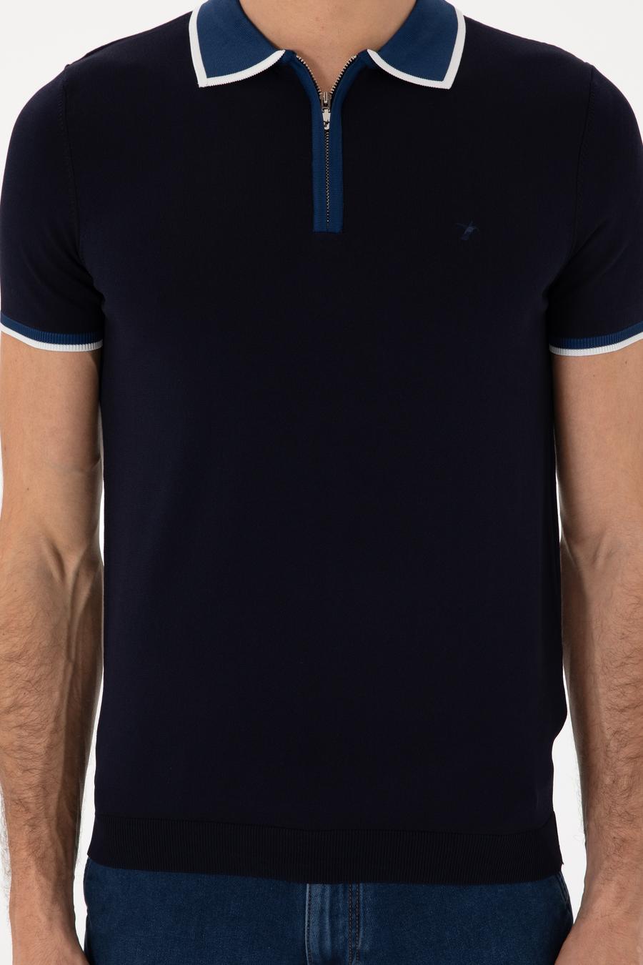 Lacivert Slim Fit Fermuarlı Polo Yaka Triko T-shirt - 50306425013