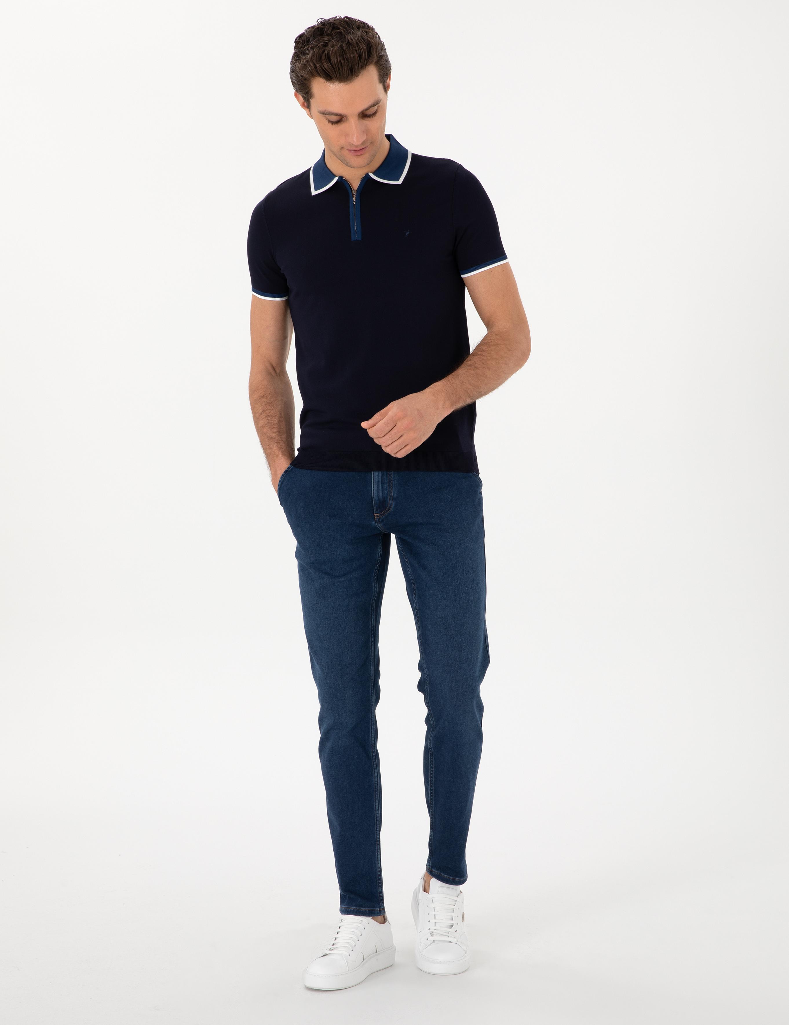 Lacivert Slim Fit Fermuarlı Polo Yaka Triko T-shirt - 50306425013