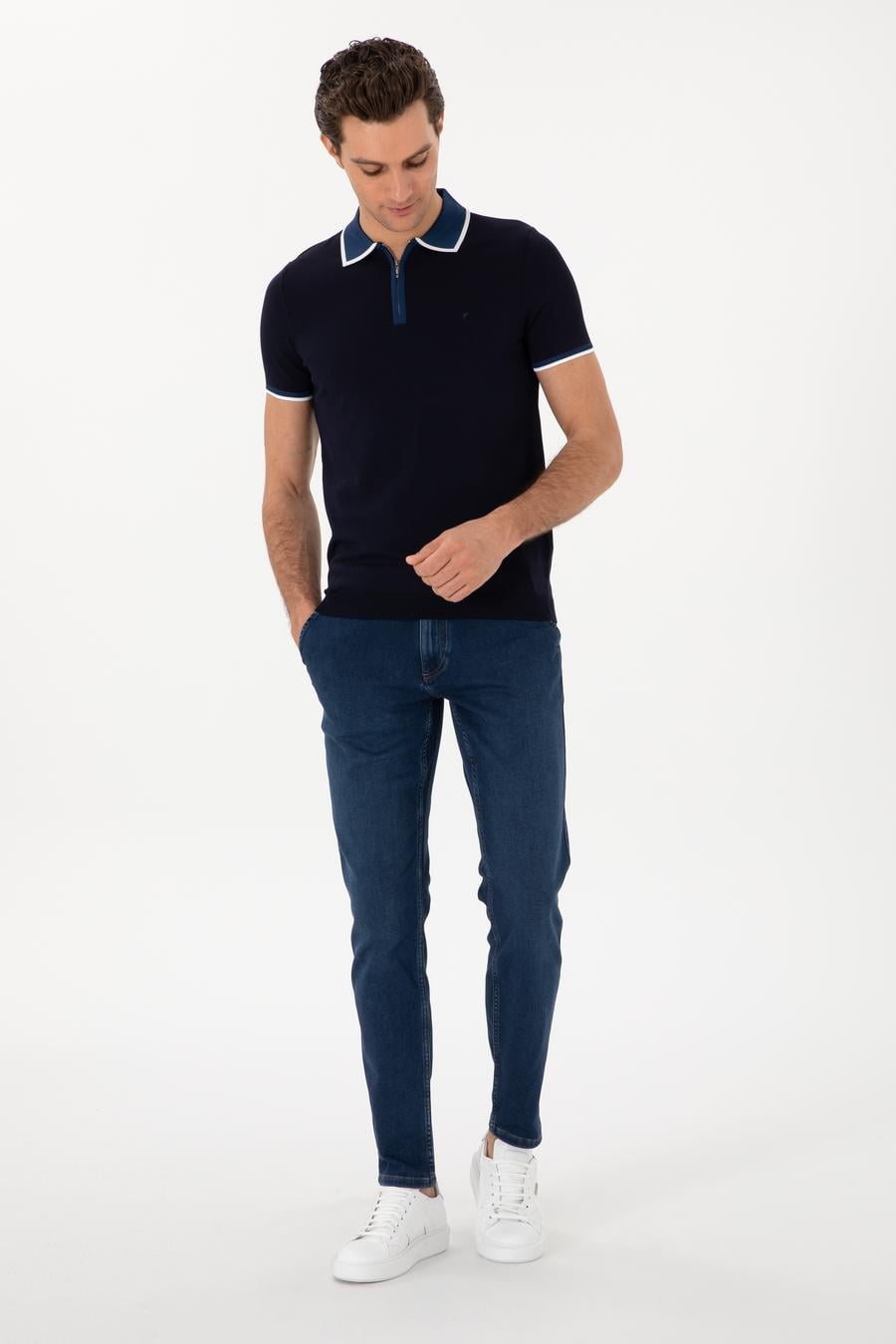 Lacivert Slim Fit Fermuarlı Polo Yaka Triko T-shirt - 50306425013