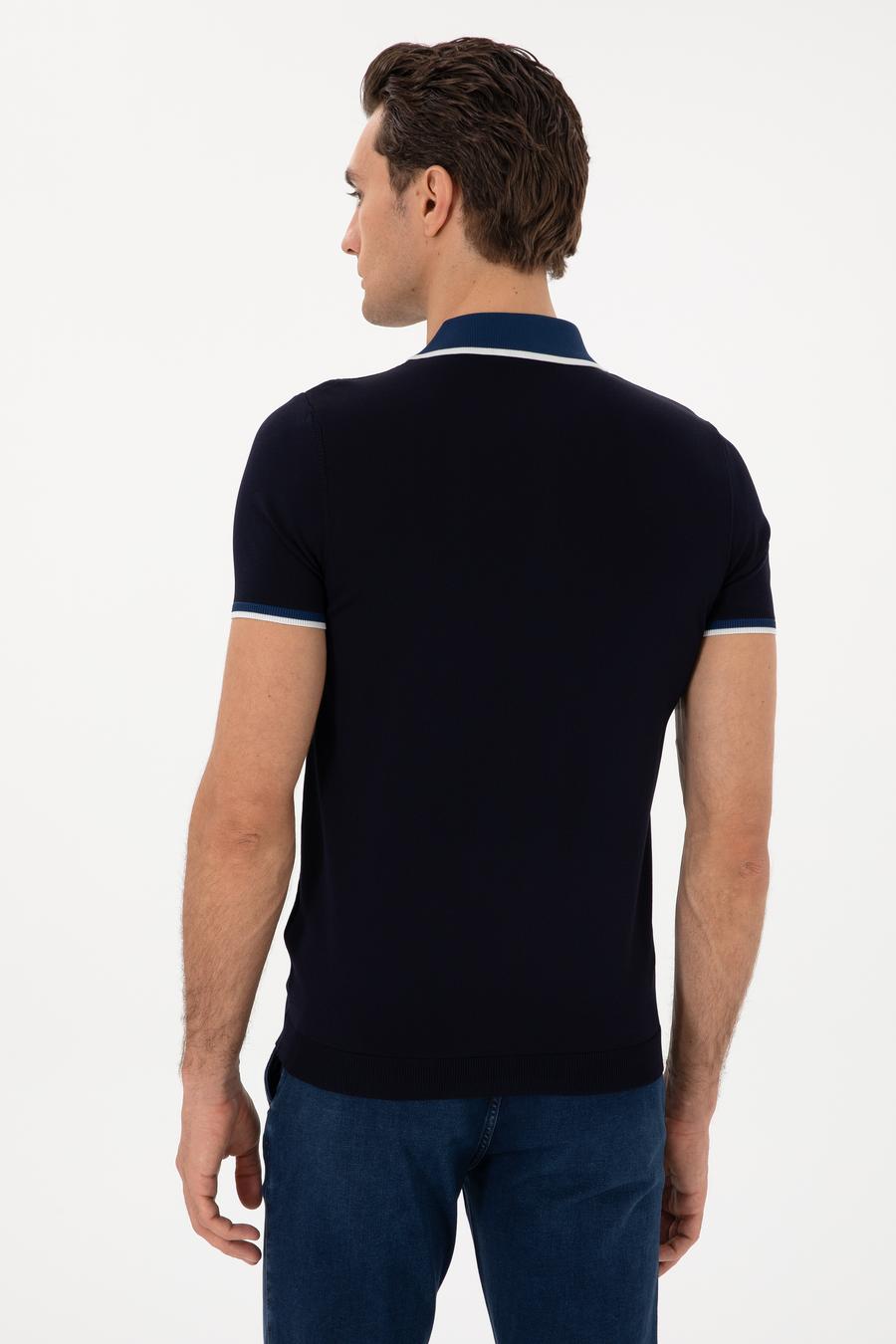Lacivert Slim Fit Fermuarlı Polo Yaka Triko T-shirt - 50306425013