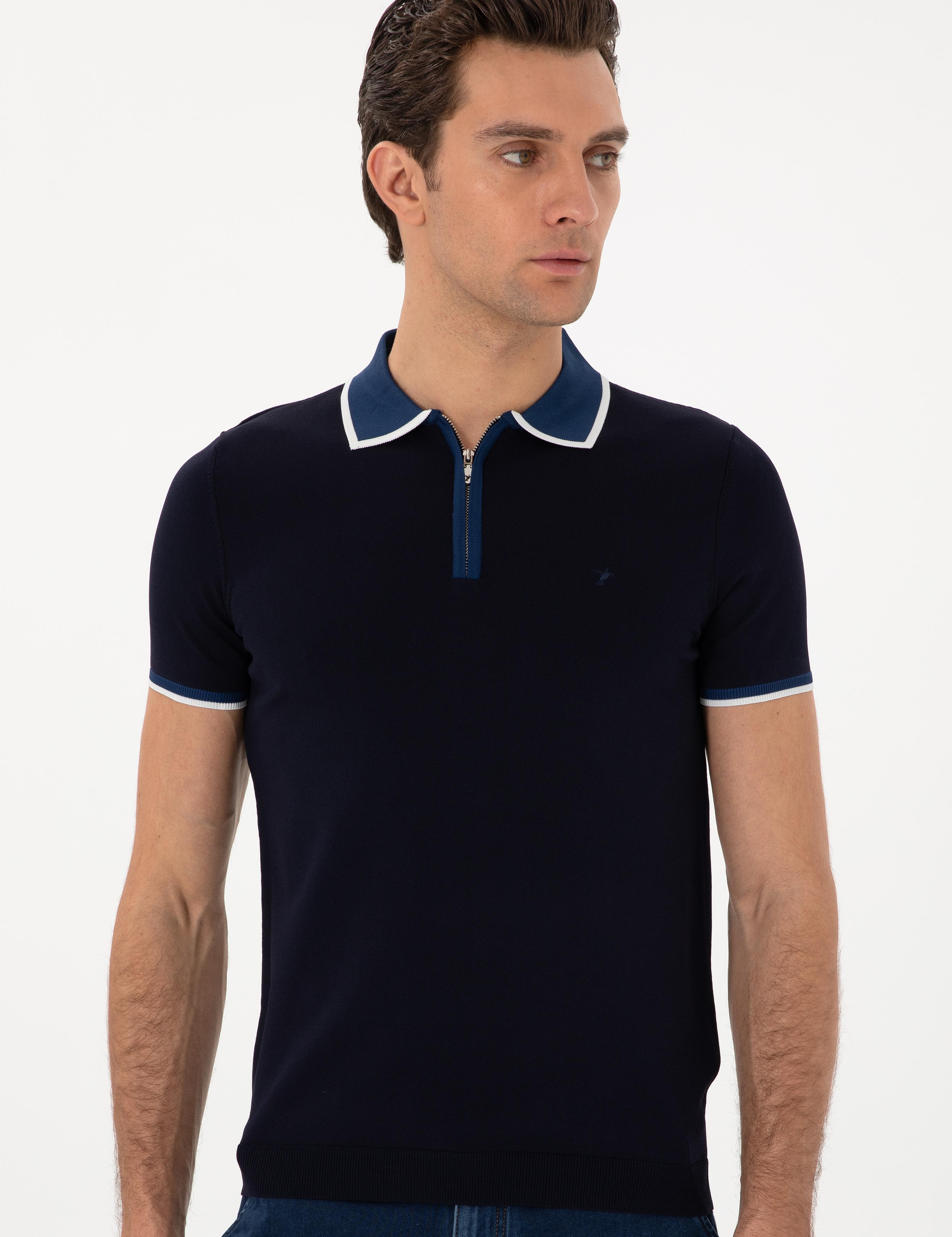 Lacivert Slim Fit Fermuarlı Polo Yaka Triko T-shirt - 50306425013