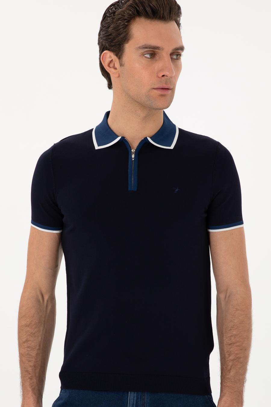 Lacivert Slim Fit Fermuarlı Polo Yaka Triko T-shirt - 50306425013