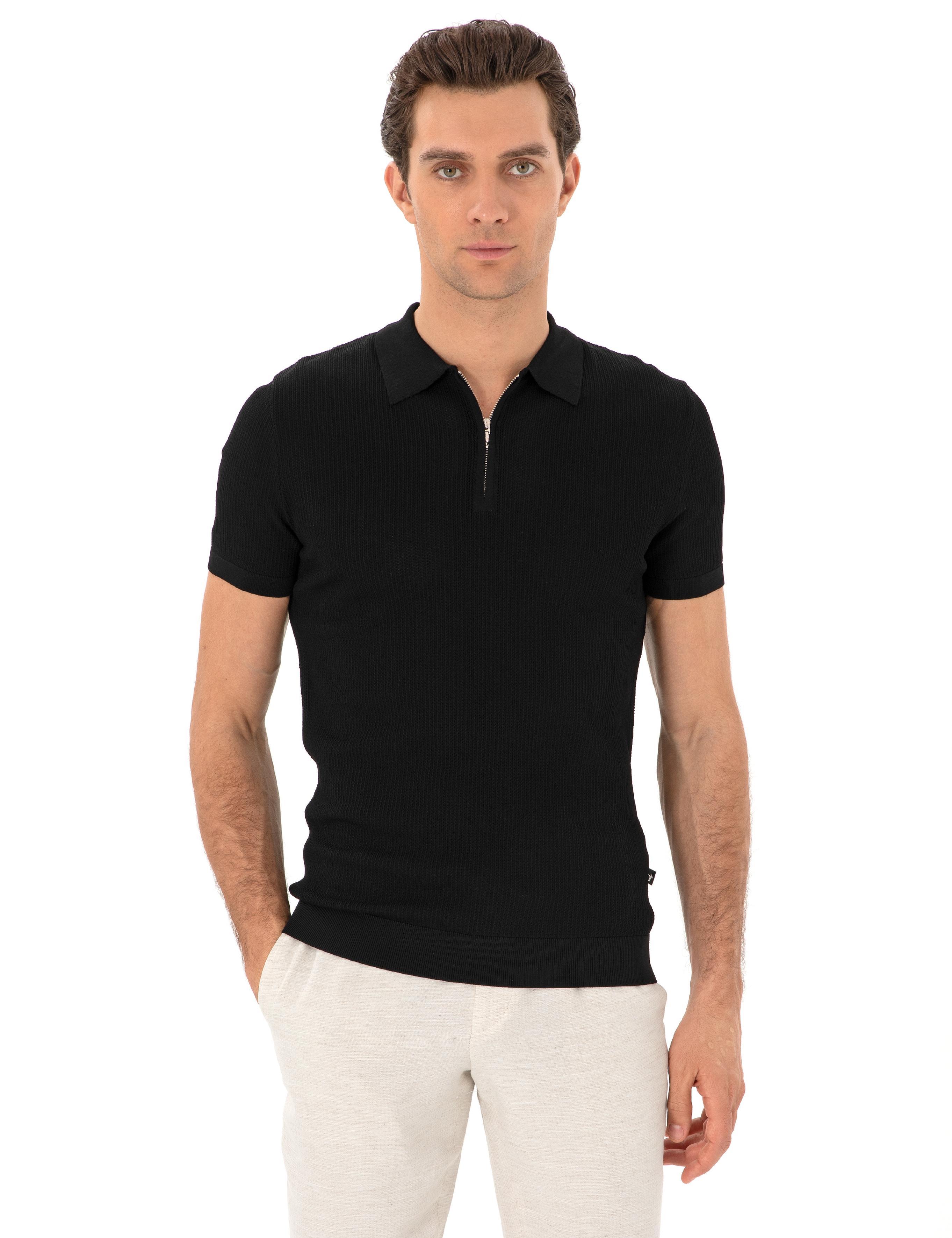 Siyah Slim Fit Fermuarlı Polo Yaka Triko T-shirt - 50300834091
