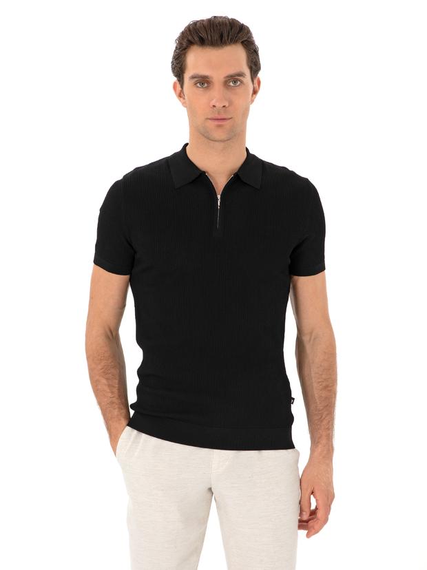 Siyah Slim Fit Fermuarlı Polo Yaka Triko T-shirt