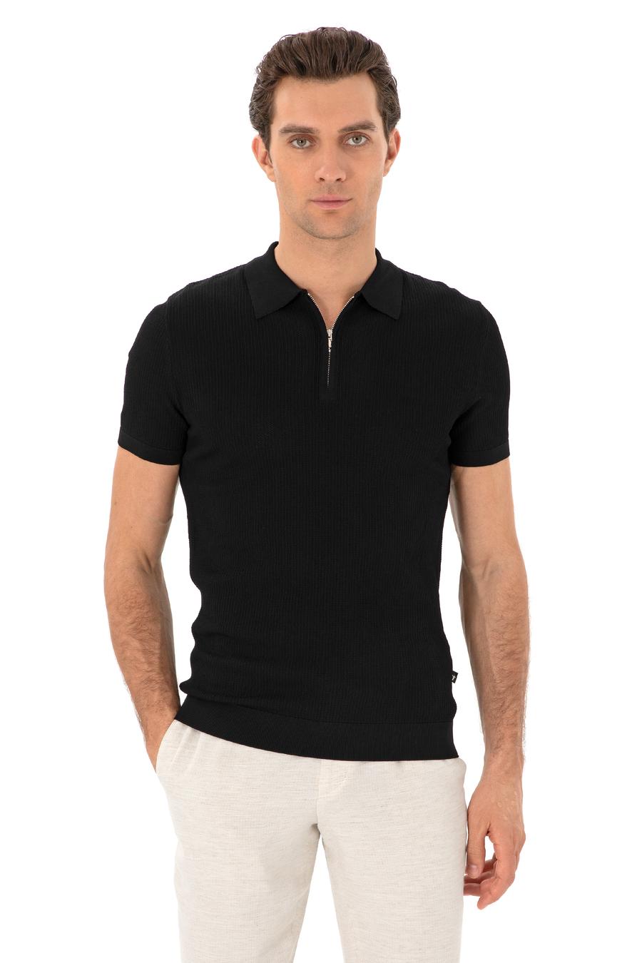 Siyah Slim Fit Fermuarlı Polo Yaka Triko T-shirt - 50300834091