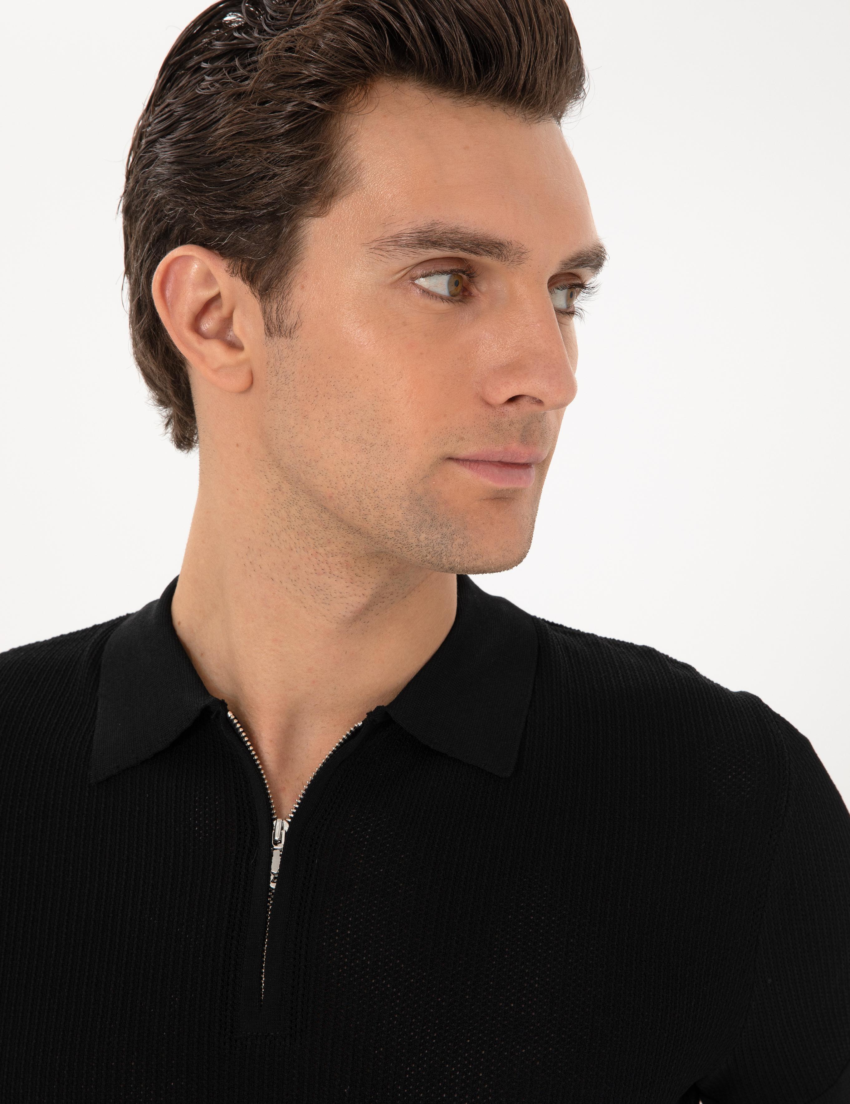 Siyah Slim Fit Fermuarlı Polo Yaka Triko T-shirt - 50300834091