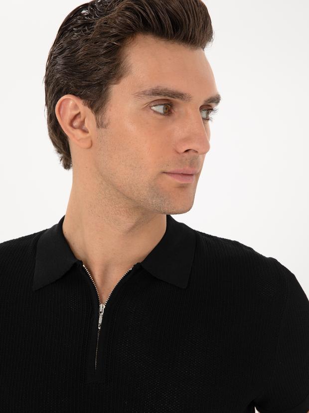 Siyah Slim Fit Fermuarlı Polo Yaka Triko T-shirt