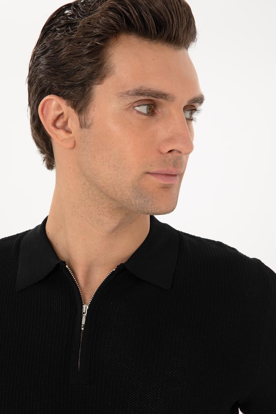 Siyah Slim Fit Fermuarlı Polo Yaka Triko T-shirt - 50300834091