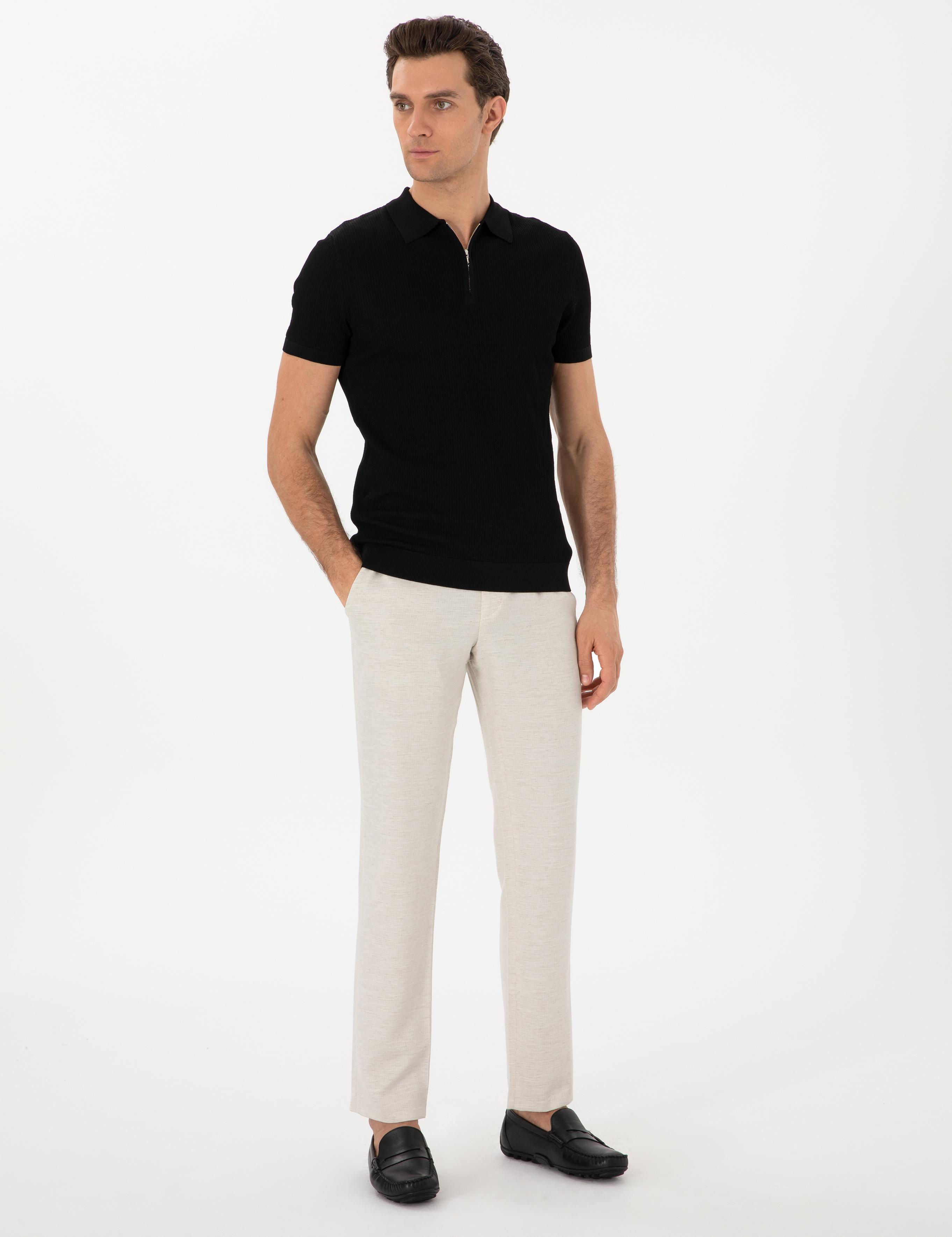Siyah Slim Fit Fermuarlı Polo Yaka Triko T-shirt - 50300834091