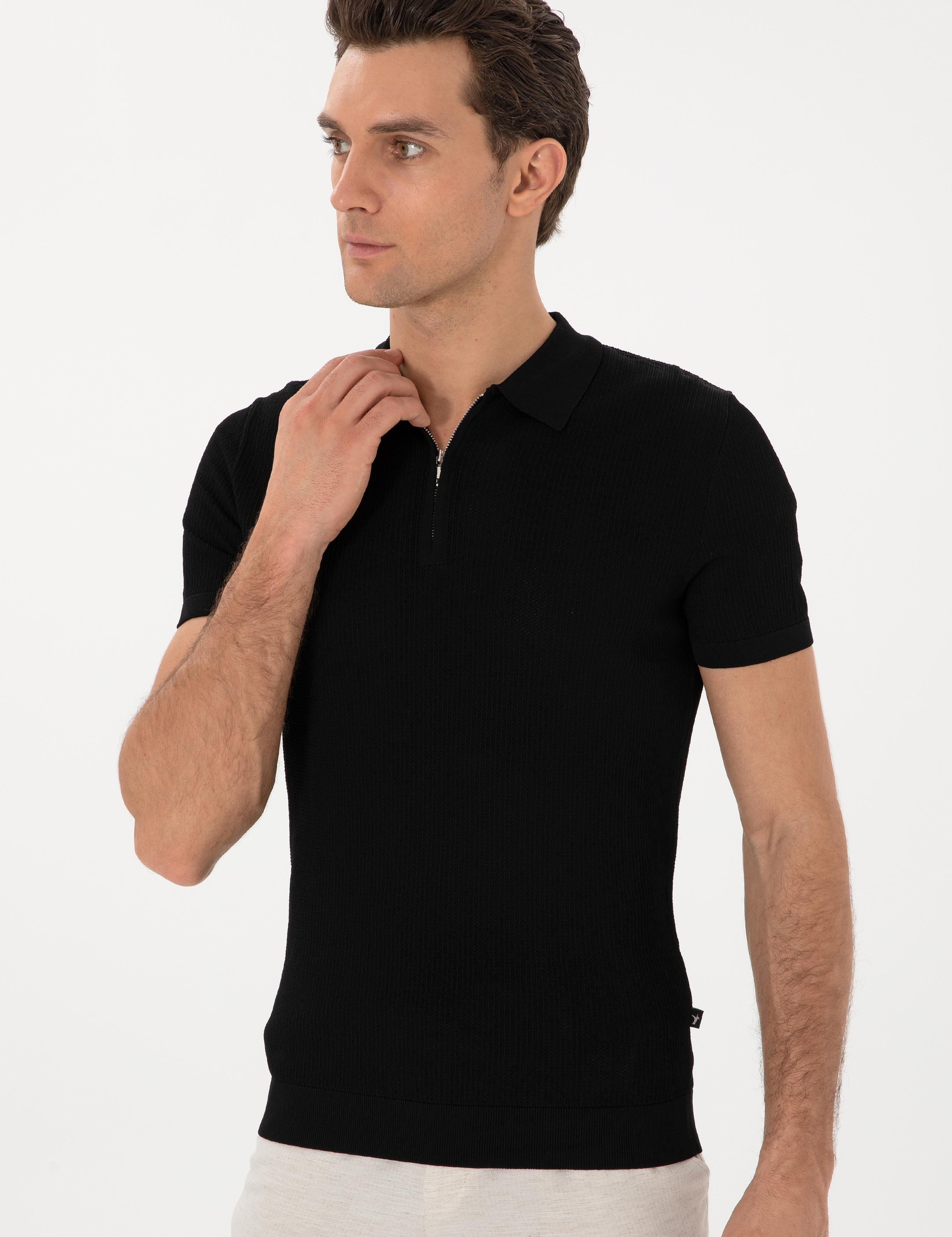 Siyah Slim Fit Fermuarlı Polo Yaka Triko T-shirt - 50300834091