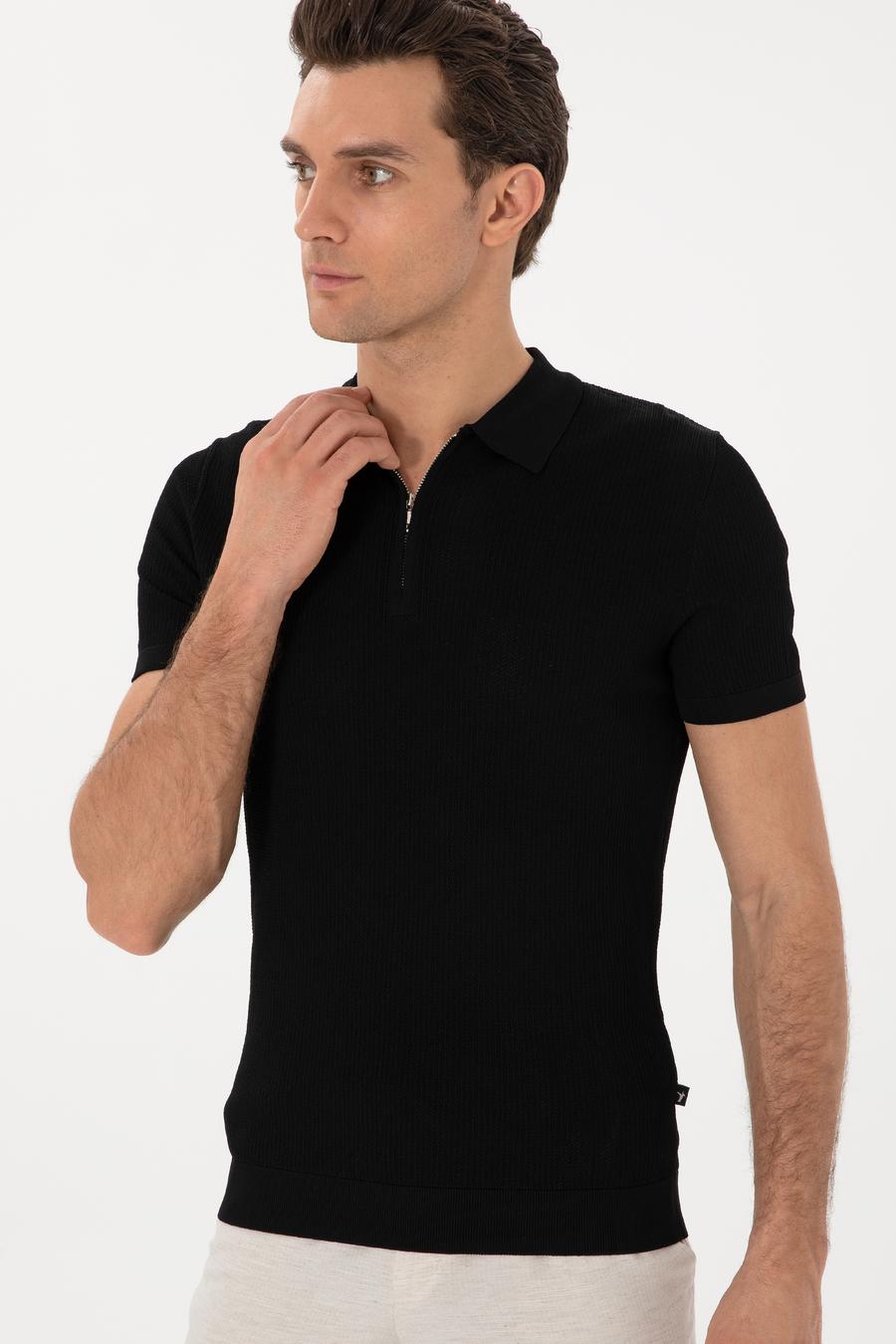 Siyah Slim Fit Fermuarlı Polo Yaka Triko T-shirt - 50300834091