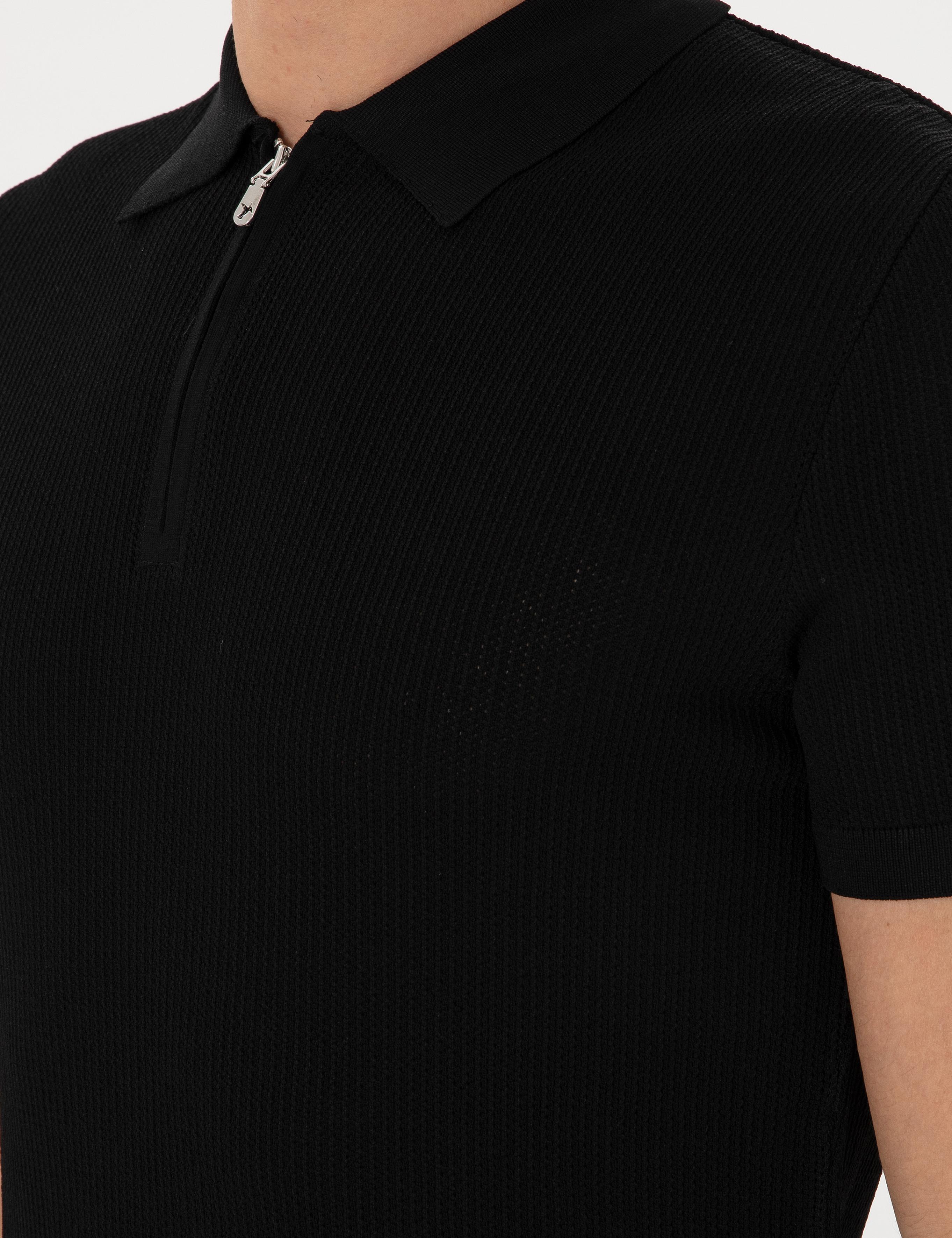 Siyah Slim Fit Fermuarlı Polo Yaka Triko T-shirt - 50300834091