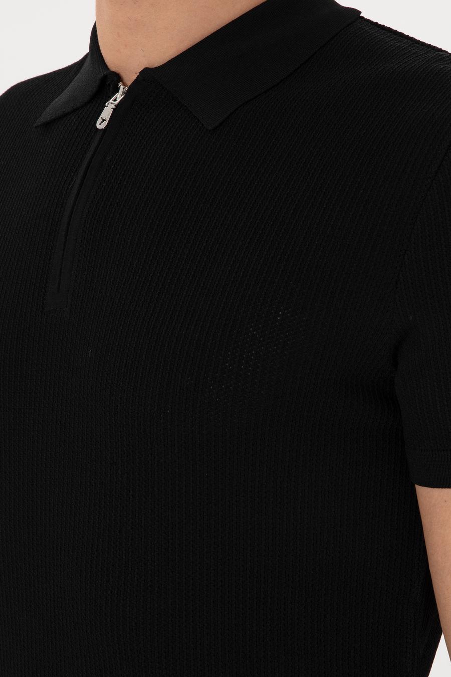 Siyah Slim Fit Fermuarlı Polo Yaka Triko T-shirt - 50300834091
