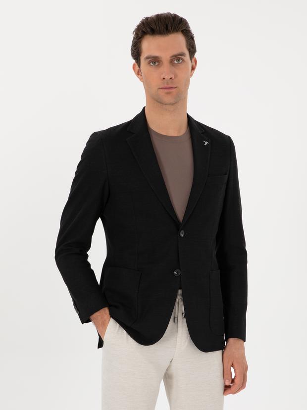 Siyah Slim Fit Yün Keten Karışımlı Mikro Desenli Ceket