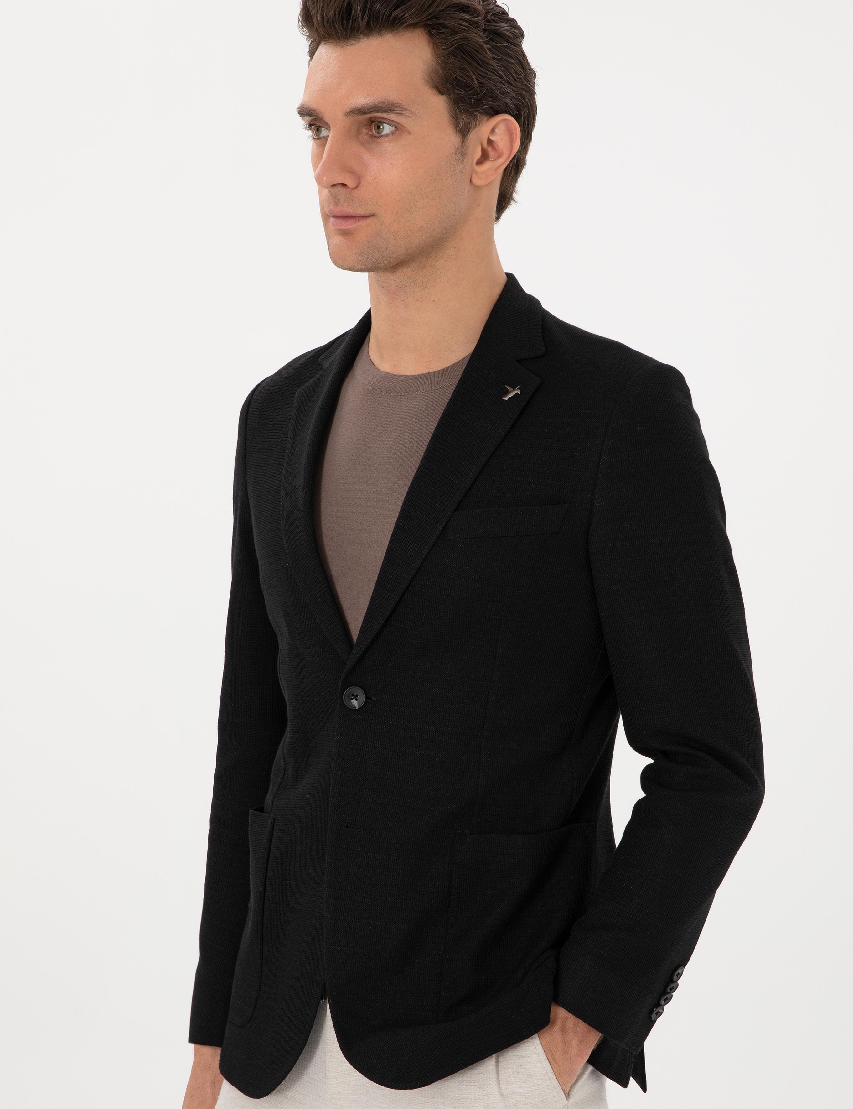 Siyah Slim Fit Yün Keten Karışımlı Mikro Desenli Ceket - 50306814071