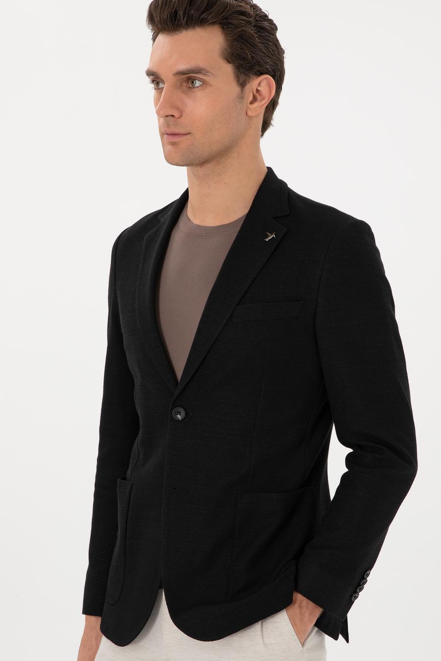 Siyah Slim Fit Yün Keten Karışımlı Mikro Desenli Ceket - 50306814071