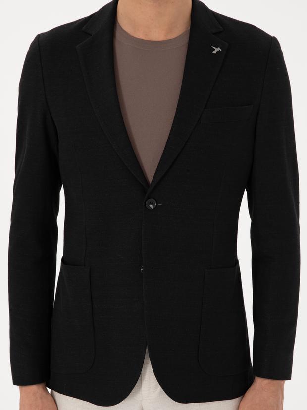 Siyah Slim Fit Yün Keten Karışımlı Mikro Desenli Ceket