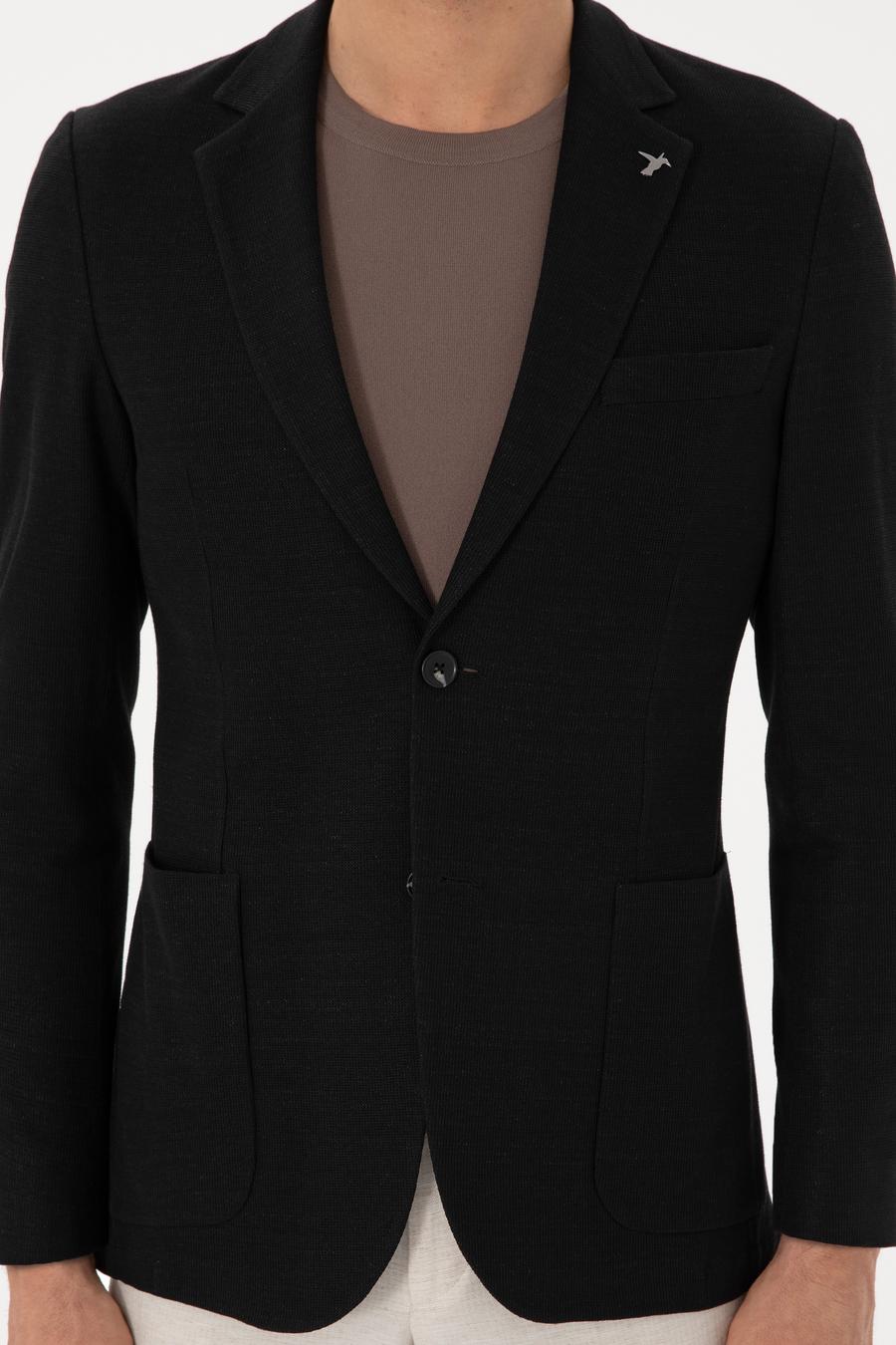 Siyah Slim Fit Yün Keten Karışımlı Mikro Desenli Ceket - 50306814071