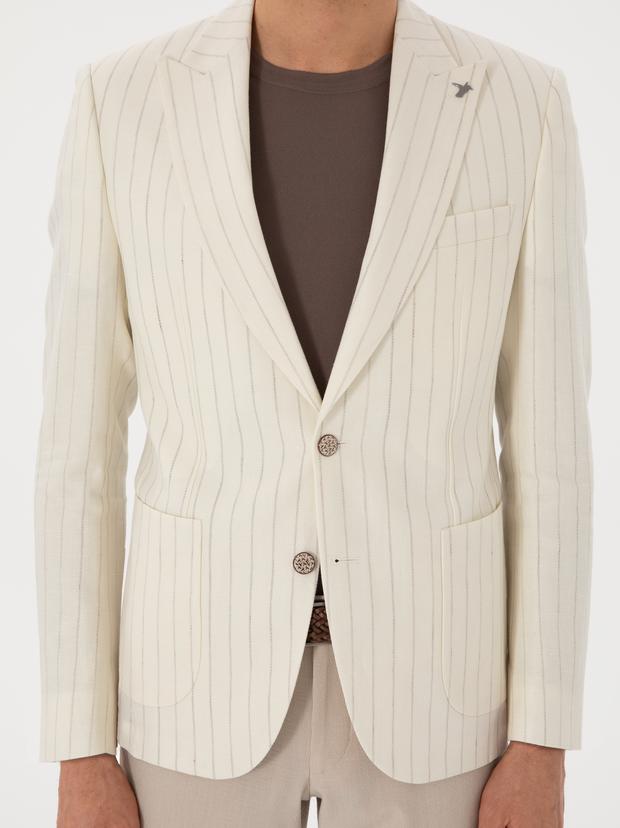 Ekru Slim Fit Yün Keten Karışımlı Çizgili Kırlangıç Yaka Ceket