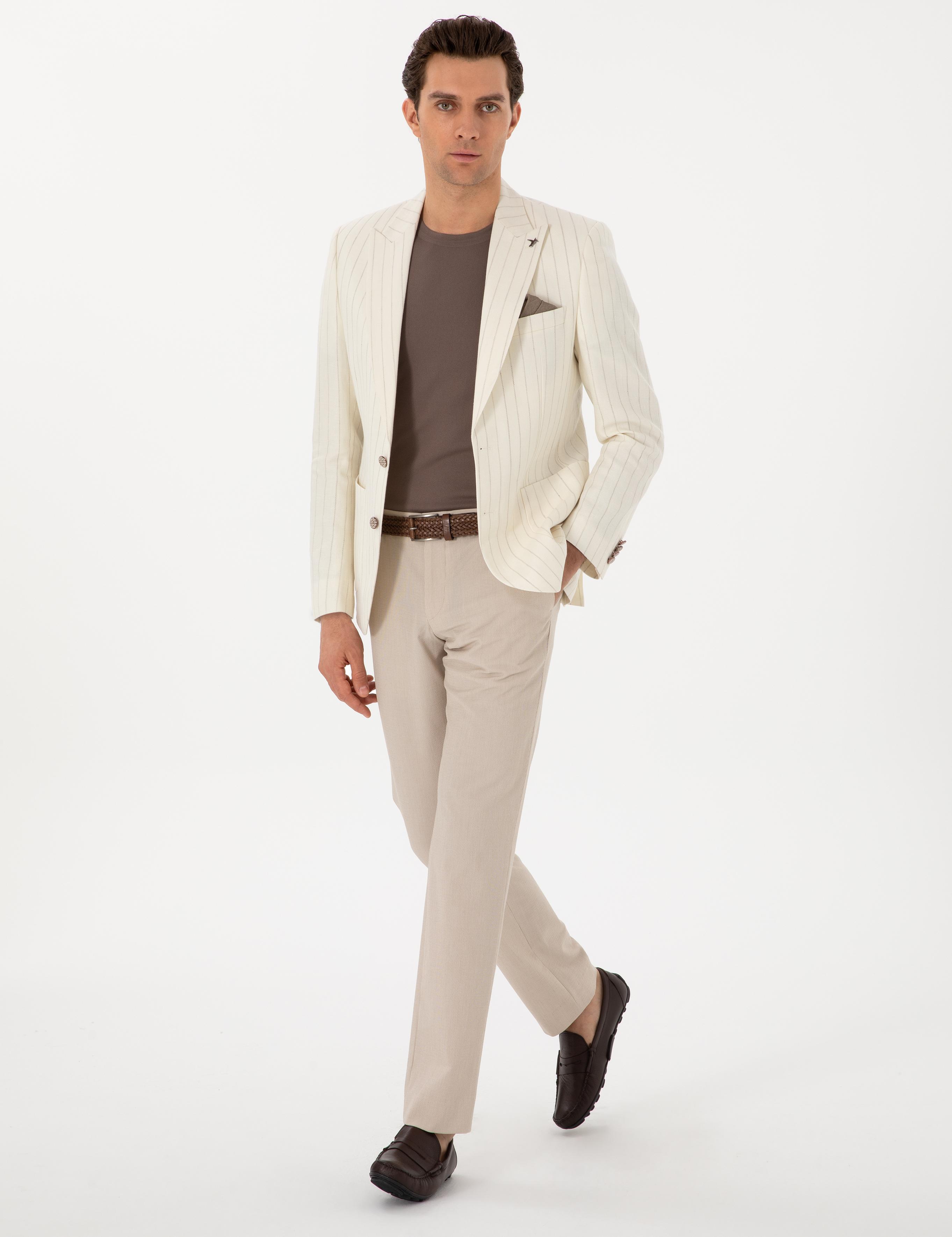 Ekru Slim Fit Yün Keten Karışımlı Çizgili Kırlangıç Yaka Ceket - 50300075044