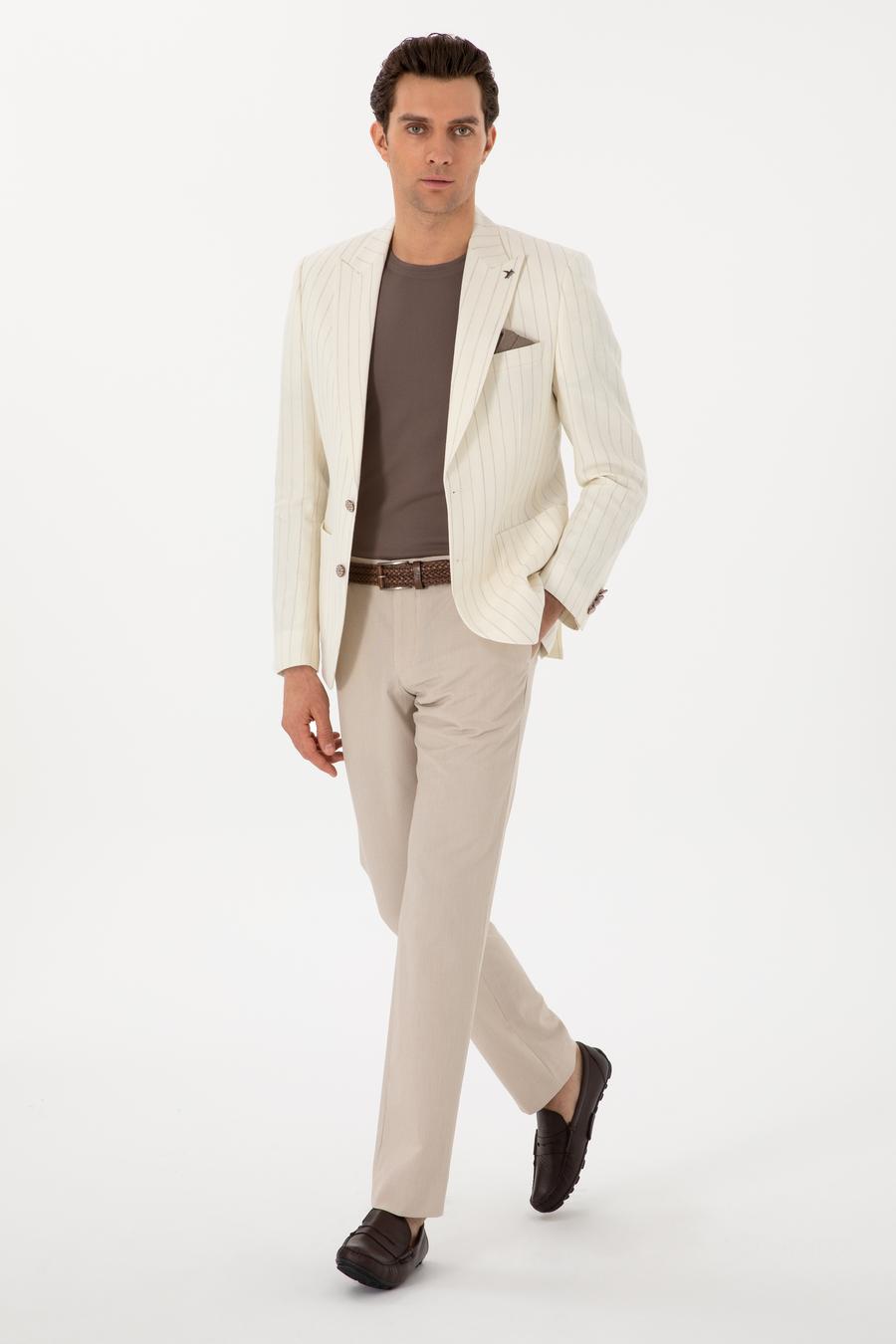 Ekru Slim Fit Yün Keten Karışımlı Çizgili Kırlangıç Yaka Ceket - 50300075044