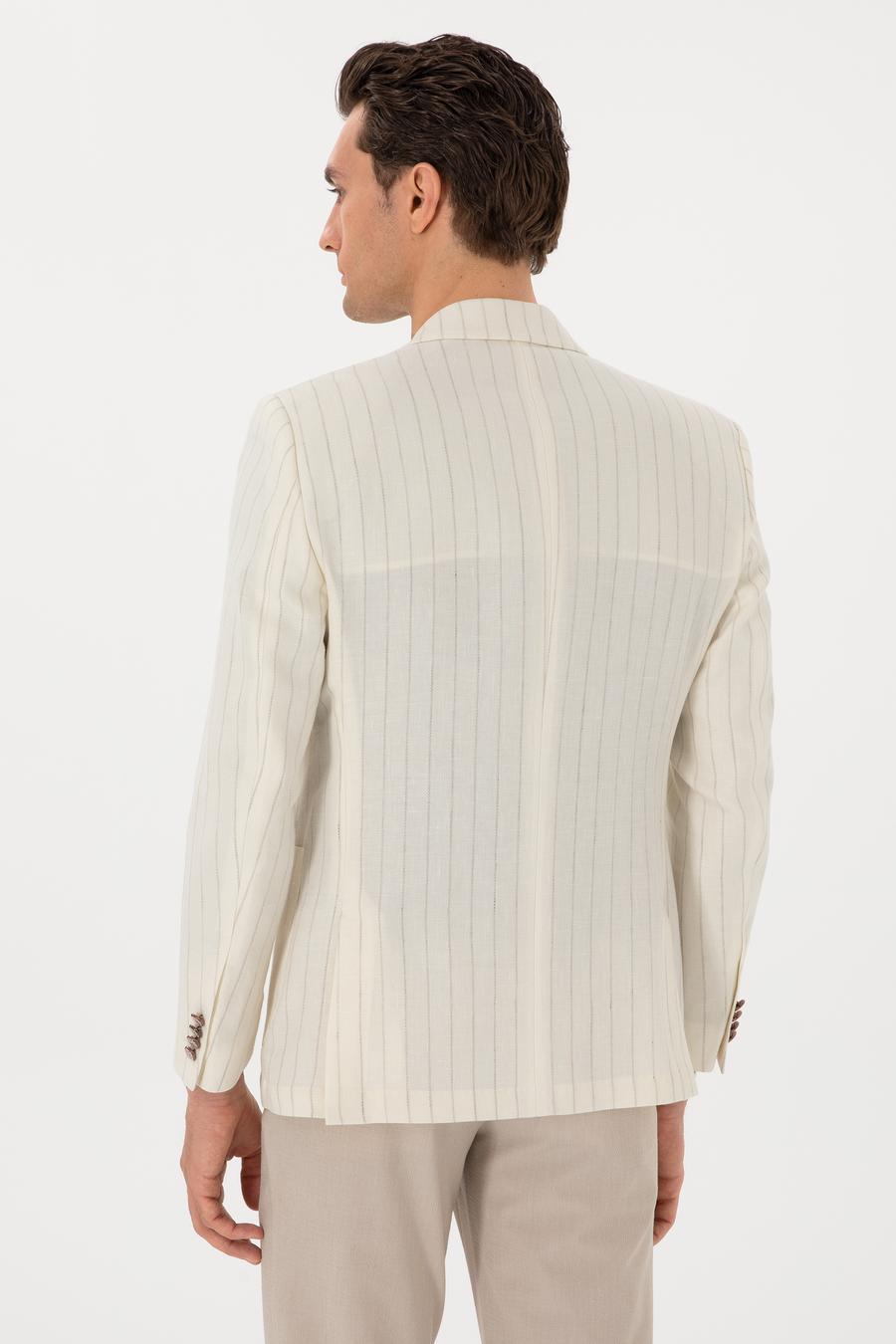 Ekru Slim Fit Yün Keten Karışımlı Çizgili Kırlangıç Yaka Ceket - 50300075044