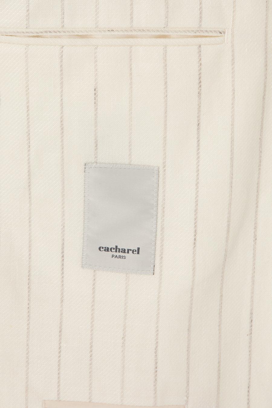 Ekru Slim Fit Yün Keten Karışımlı Çizgili Kırlangıç Yaka Ceket - 50300075044