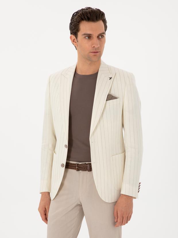 Ekru Slim Fit Yün Keten Karışımlı Çizgili Kırlangıç Yaka Ceket