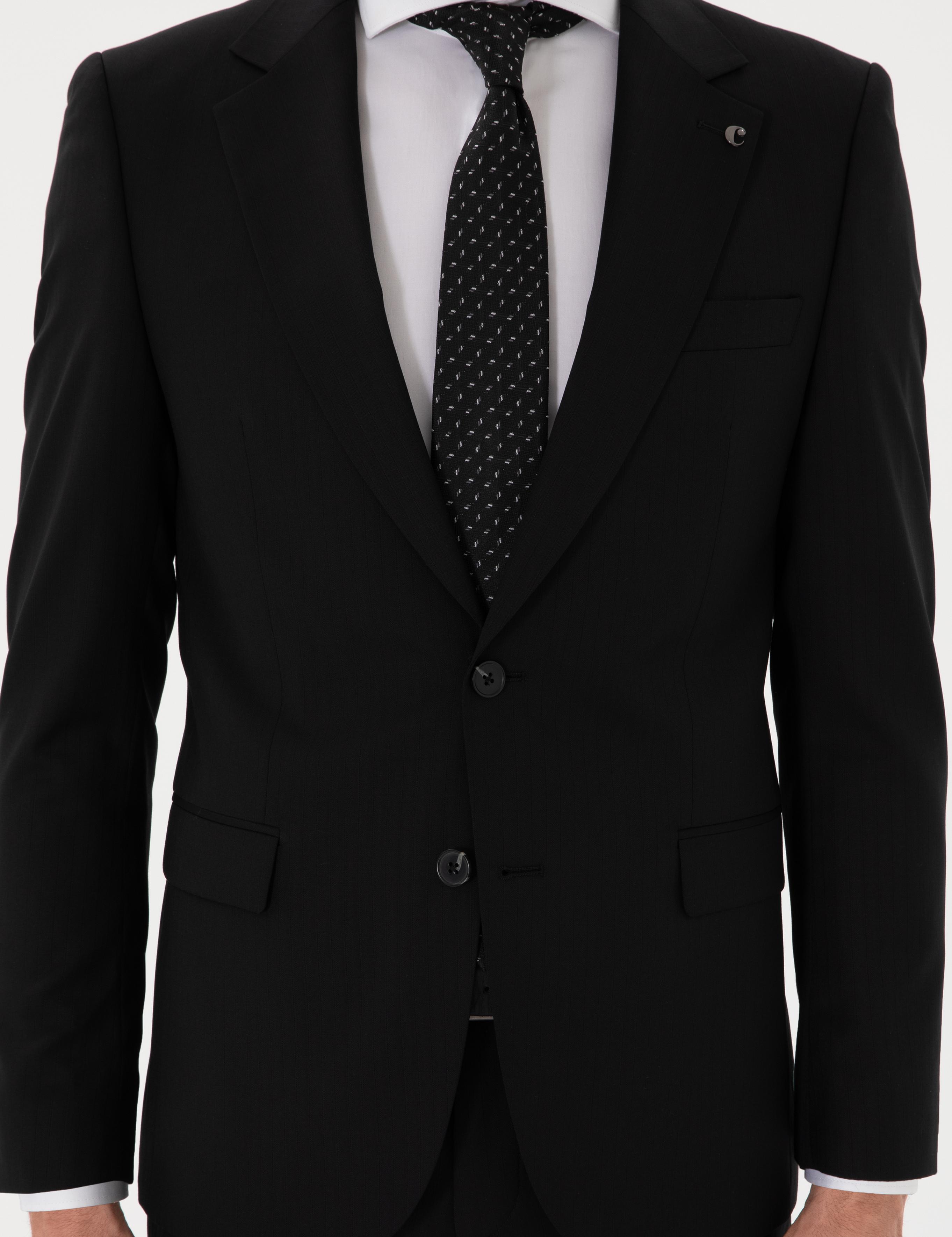Siyah Slim Fit %100 Yün Çizgili Takım Elbise - 50306796053