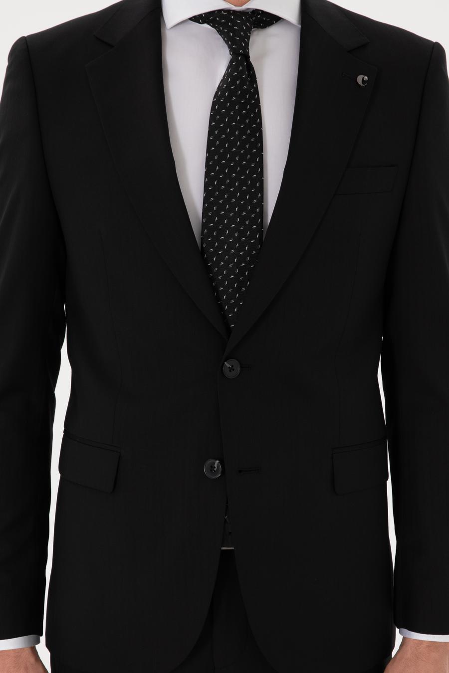 Siyah Slim Fit %100 Yün Çizgili Takım Elbise - 50306796053