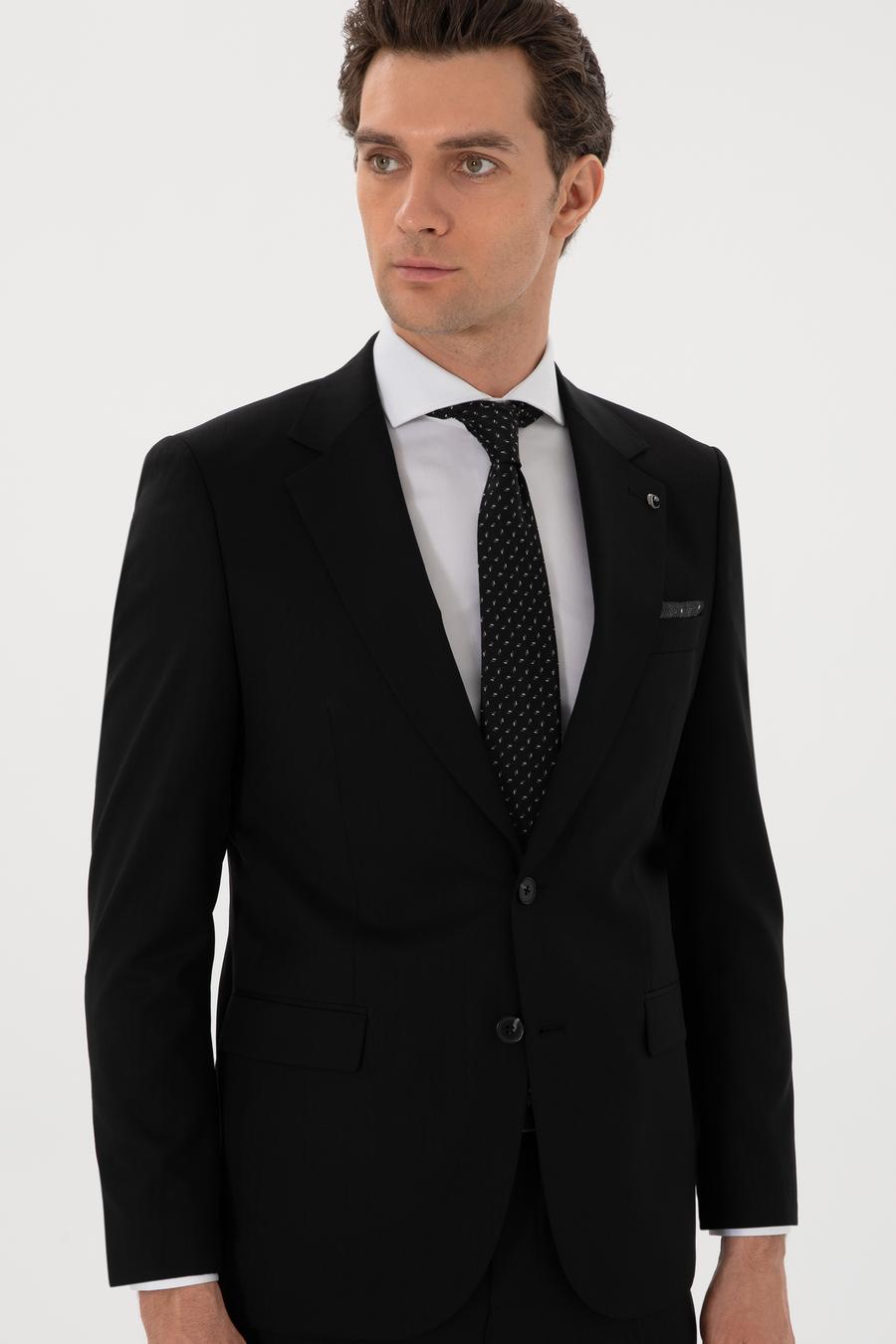 Siyah Slim Fit %100 Yün Çizgili Takım Elbise - 50306796053