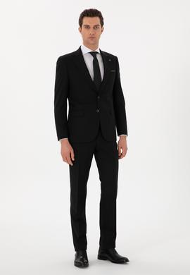 Siyah Slim Fit %100 Yün Çizgili Takım Elbise