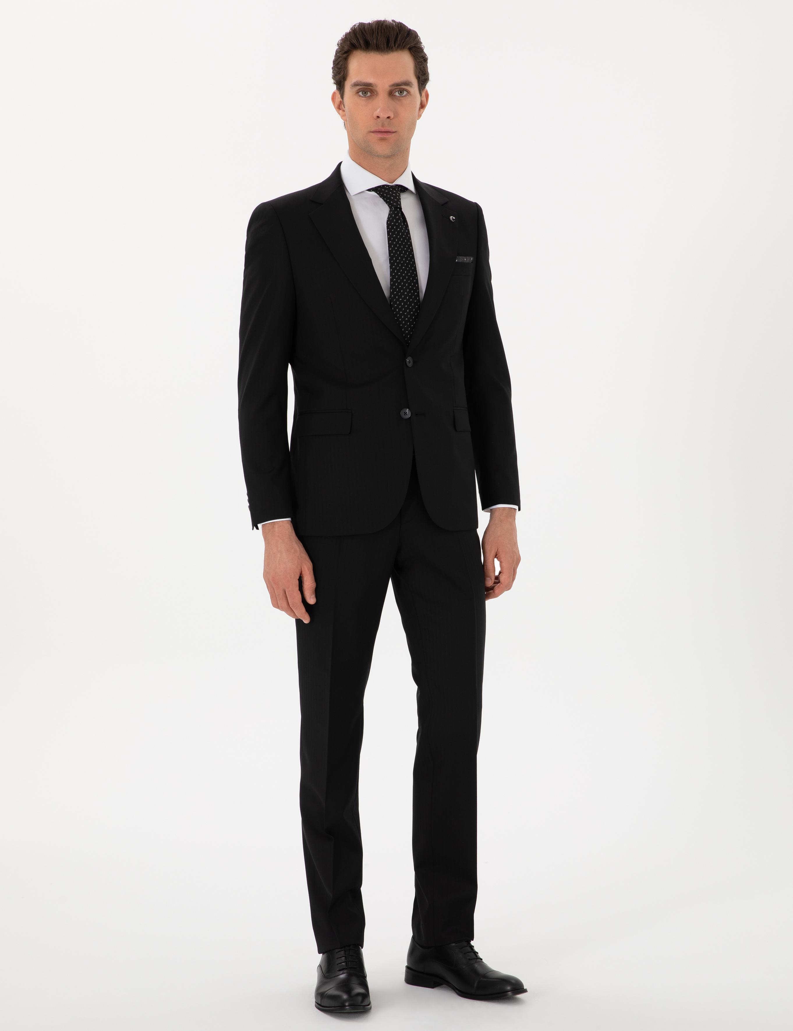 Siyah Slim Fit %100 Yün Çizgili Takım Elbise - 50306796053