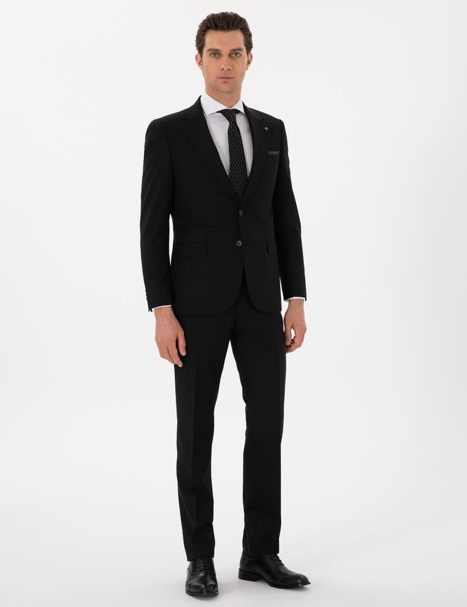 Siyah Slim Fit %100 Yün Çizgili Takım Elbise