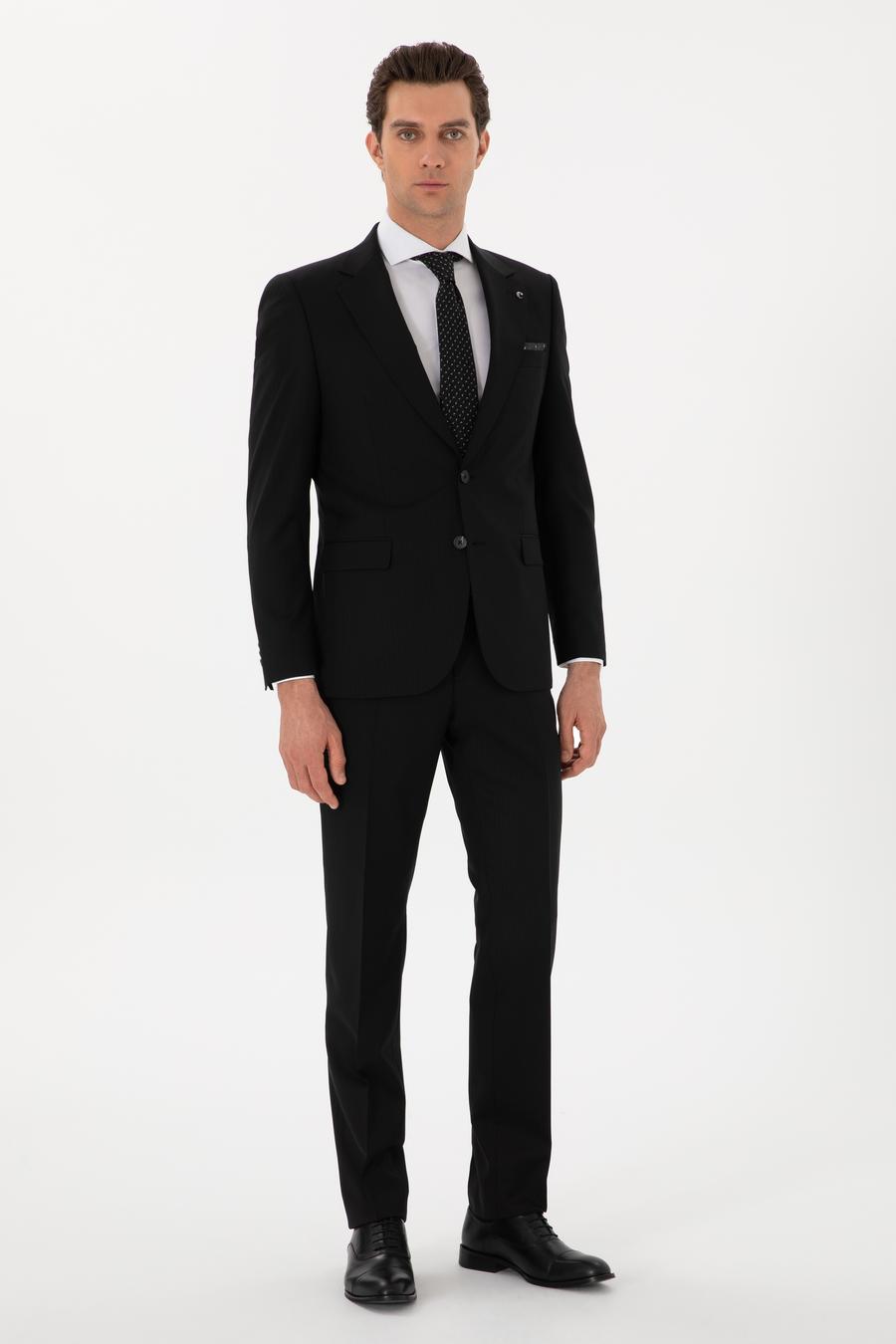 Siyah Slim Fit %100 Yün Çizgili Takım Elbise - 50306796053