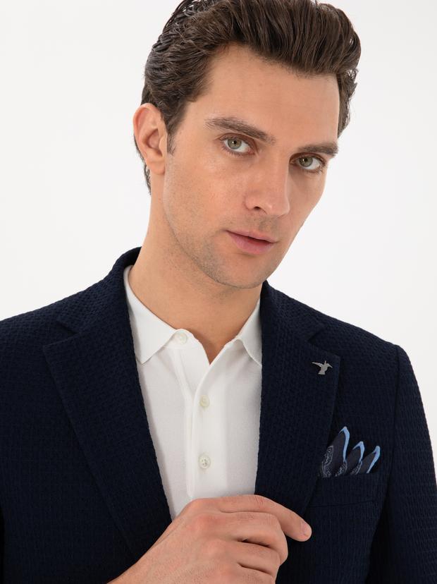 Lacivert Slim Fit Dokulu Yün Karışımlı Ceket