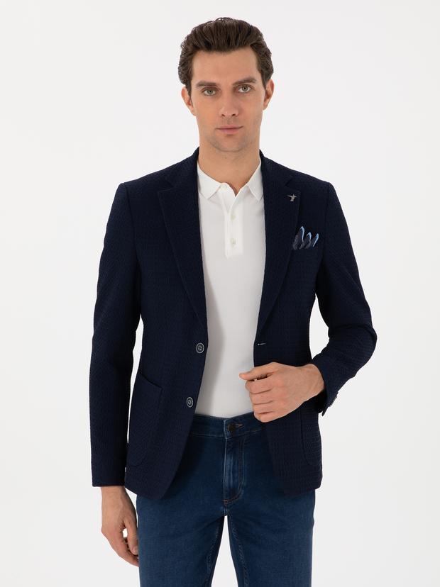 Lacivert Slim Fit Dokulu Yün Karışımlı Ceket