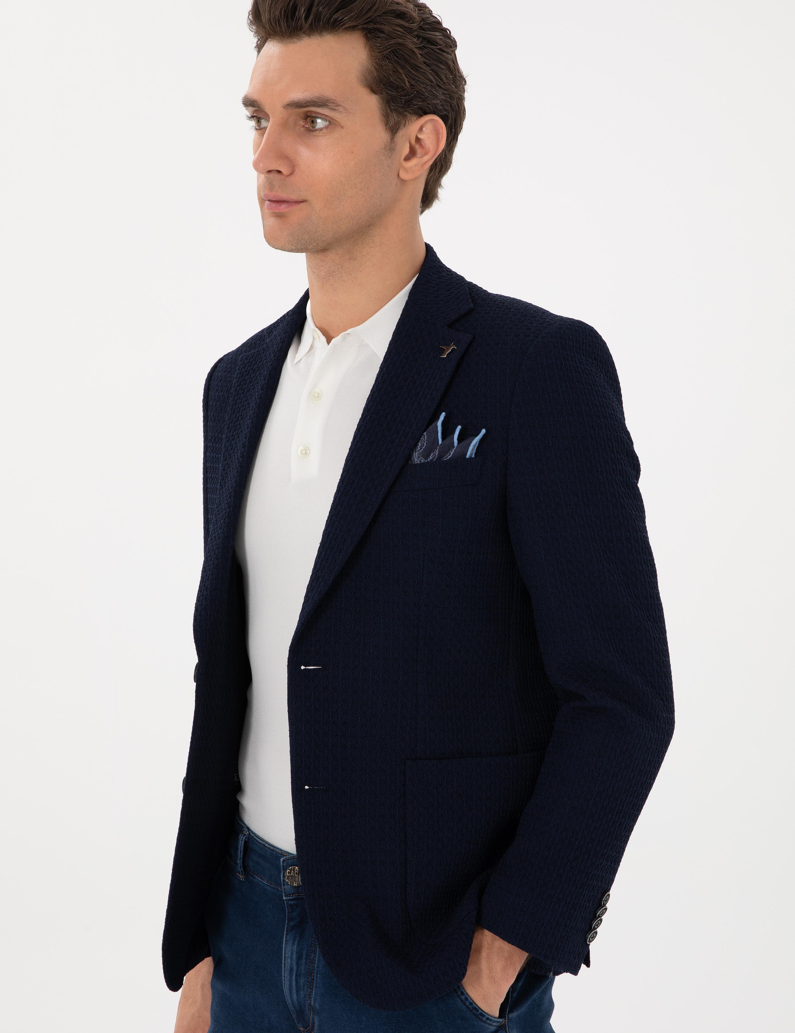Lacivert Slim Fit Dokulu Yün Karışımlı Ceket - 50299875011