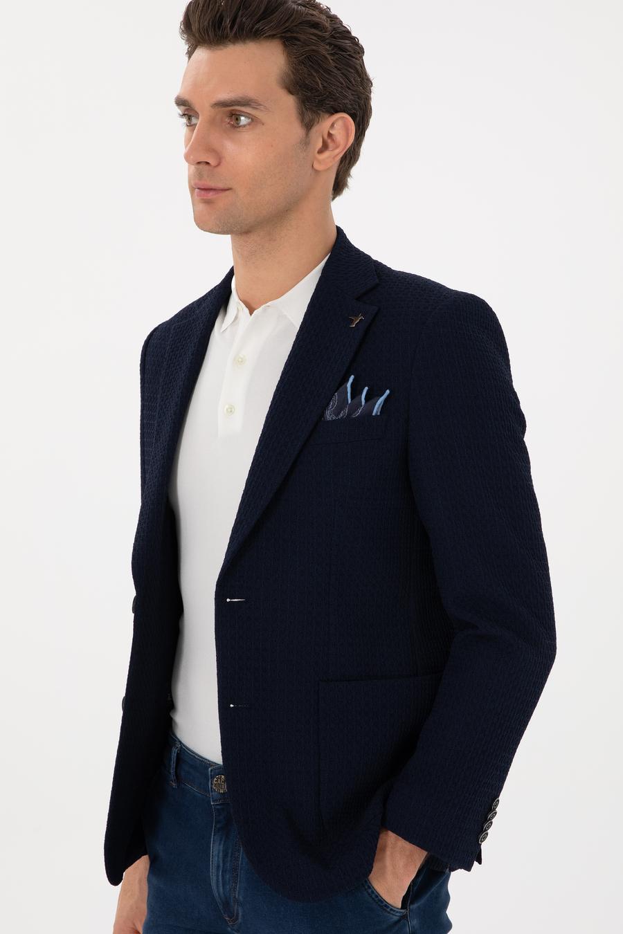 Lacivert Slim Fit Dokulu Yün Karışımlı Ceket - 50299875011