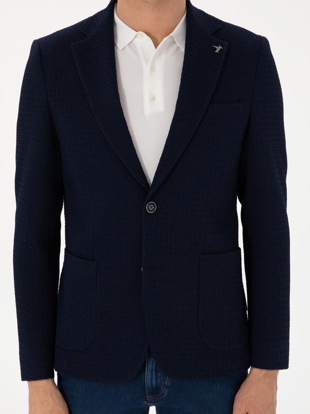 Lacivert Slim Fit Dokulu Yün Karışımlı Ceket
