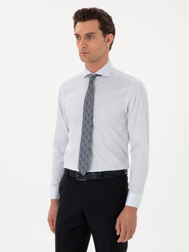 Açık Mavi Slim Fit %100 Pamuk İtalyan Yaka  Basic Gömlek