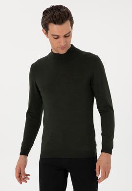 Haki Slim Fit Yün Karışımlı Yarım Balıkçı Yaka Basic Triko Kazak
