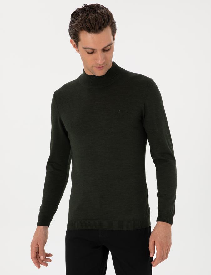 Haki Slim Fit Yün Karışımlı Yarım Balıkçı Yaka Basic Triko Kazak