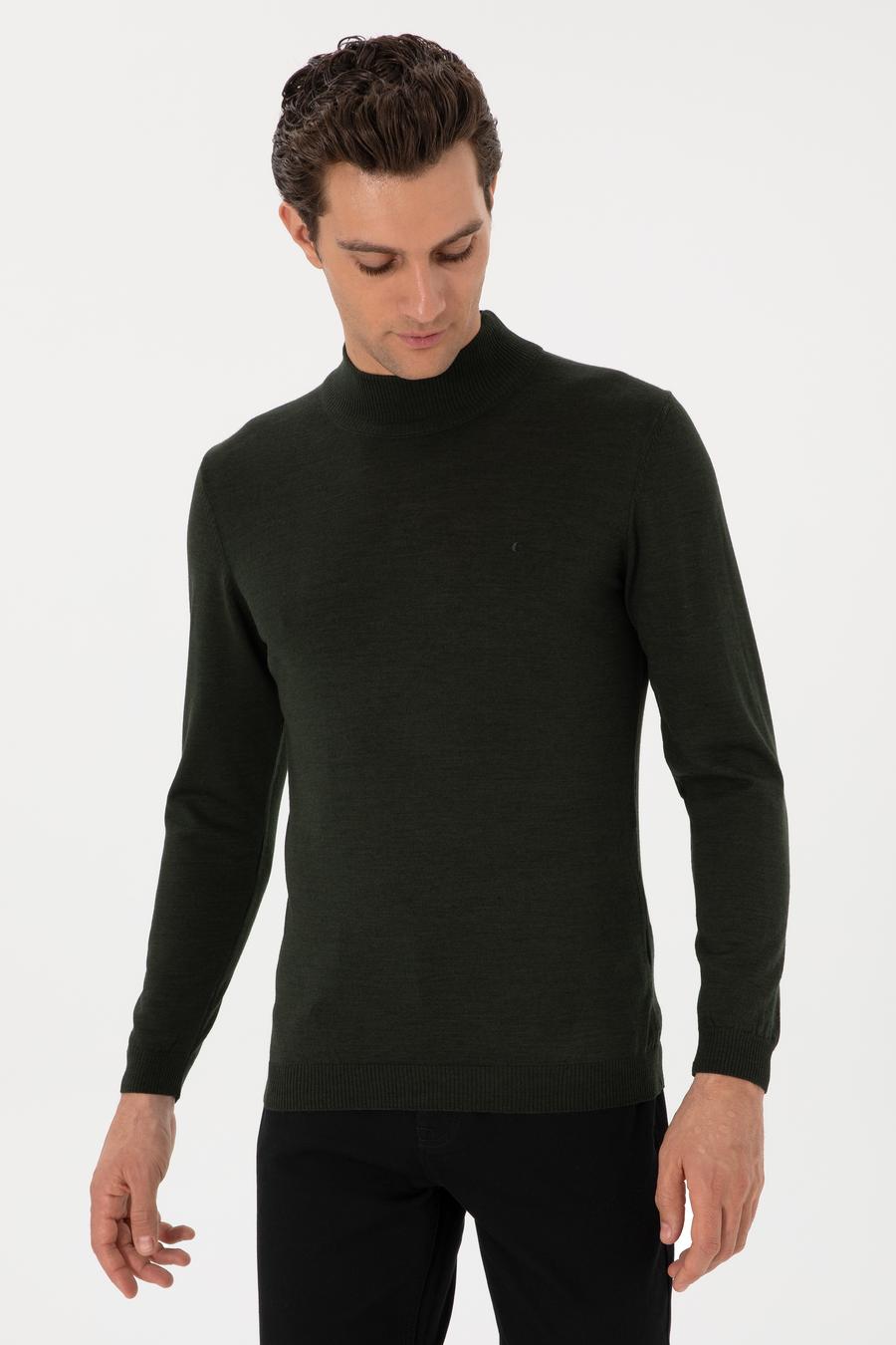 Haki Slim Fit Yün Karışımlı Yarım Balıkçı Yaka Basic Triko Kazak - 50270172021
