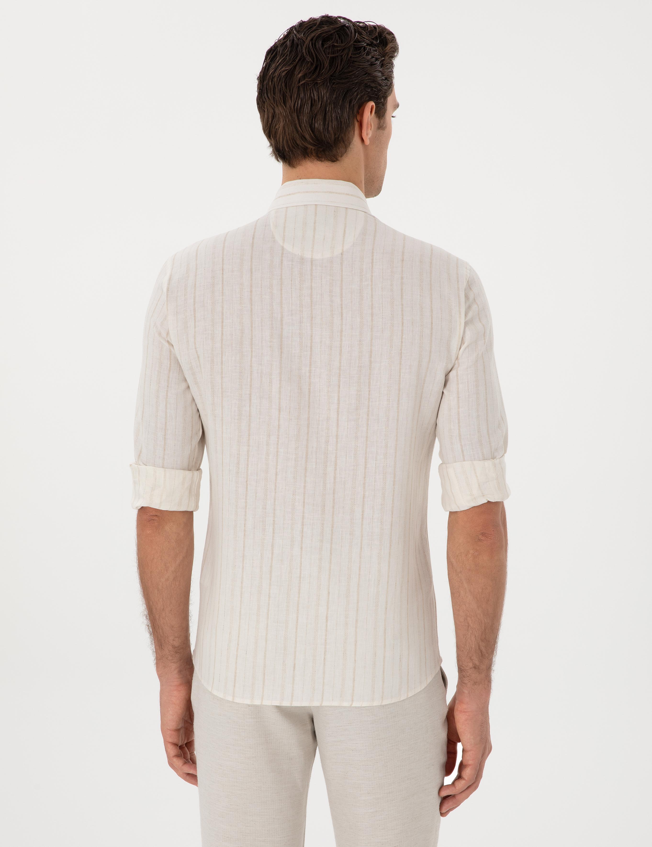 Bej Slim Fit Çizgili Keten Karışımlı Gömlek - 50300398039