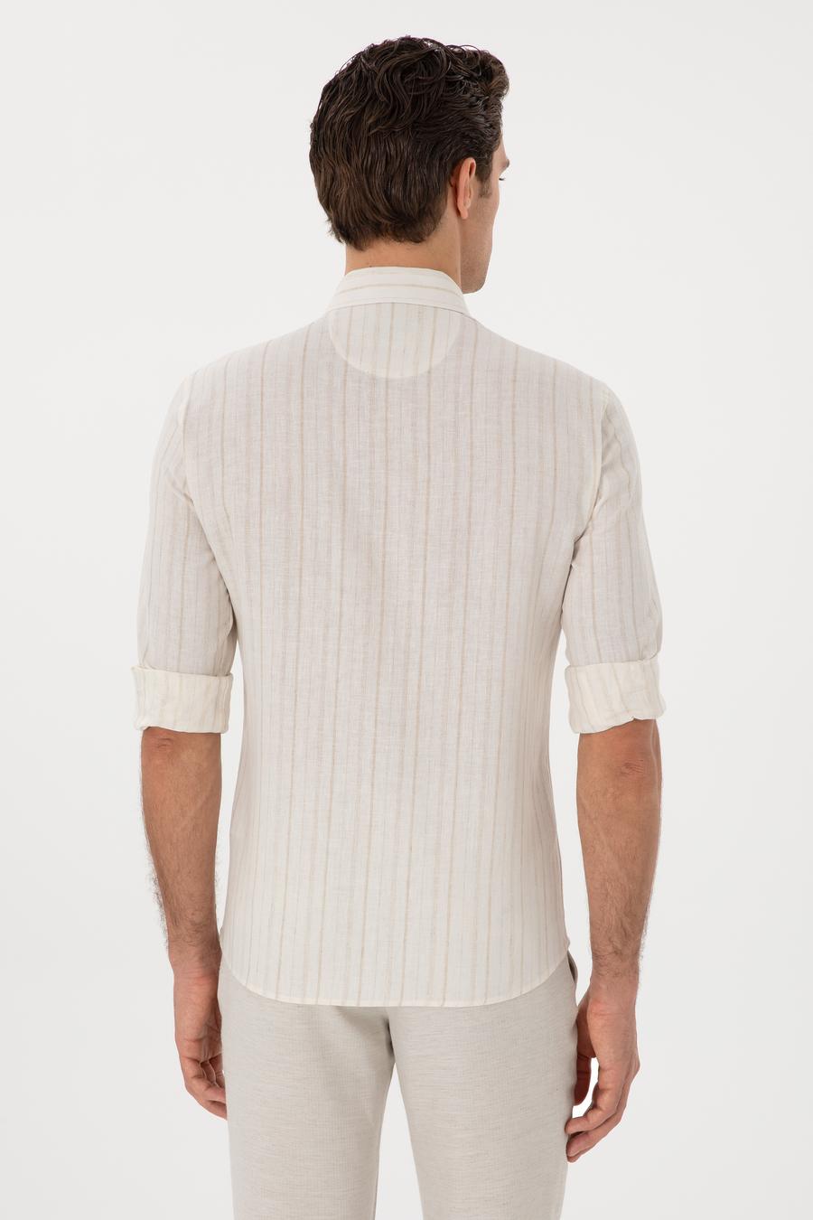 Bej Slim Fit Çizgili Keten Karışımlı Gömlek - 50300398039