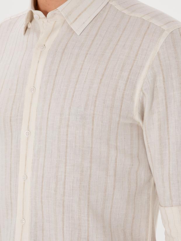 Bej Slim Fit Çizgili Keten Karışımlı Gömlek